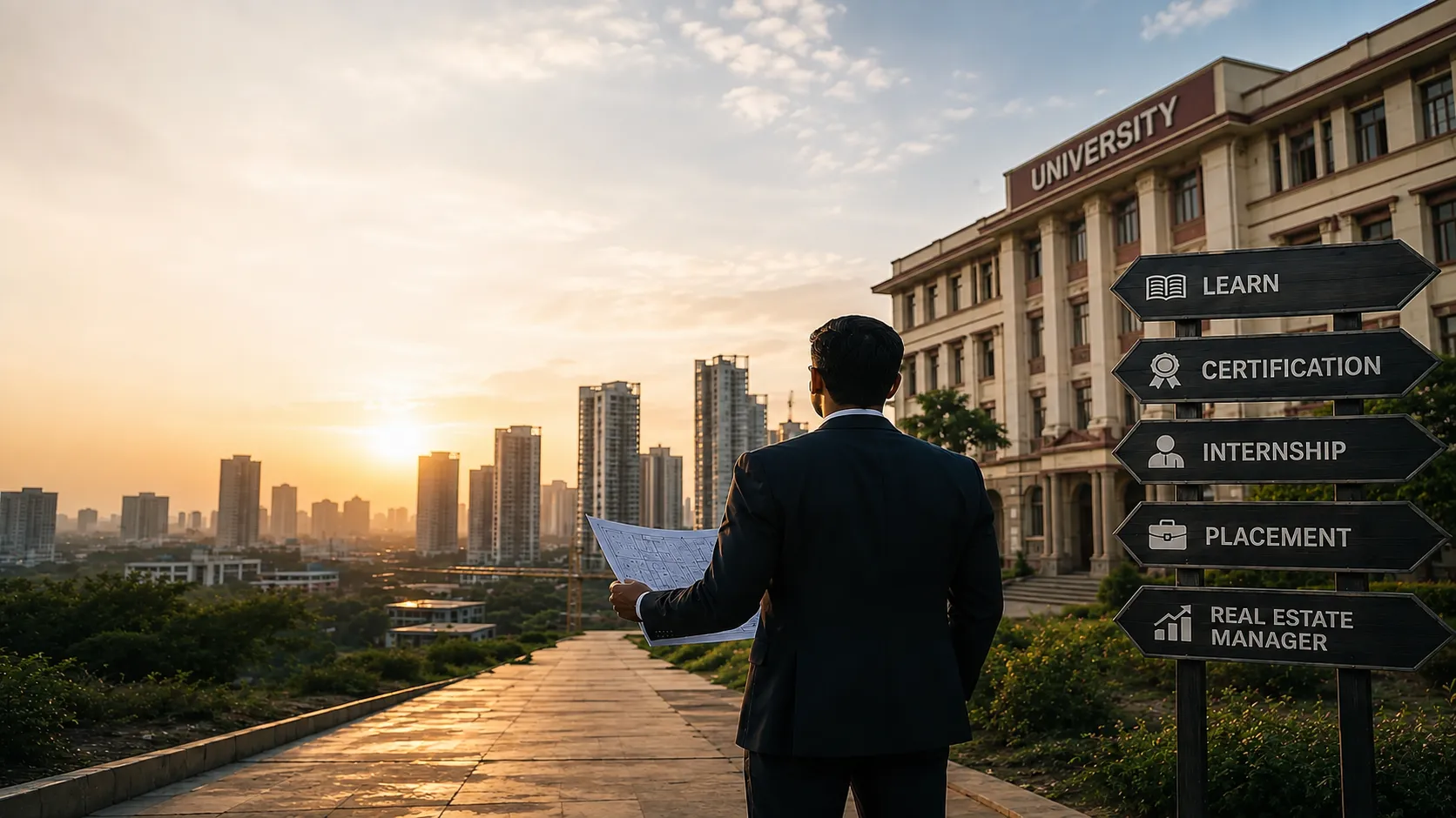 An area expert reviewing plans on a rooftop walkway, a construction site and city skyline ahead, a signpost listing Learn, Certification, Internship, Placement and Real Estate Manager